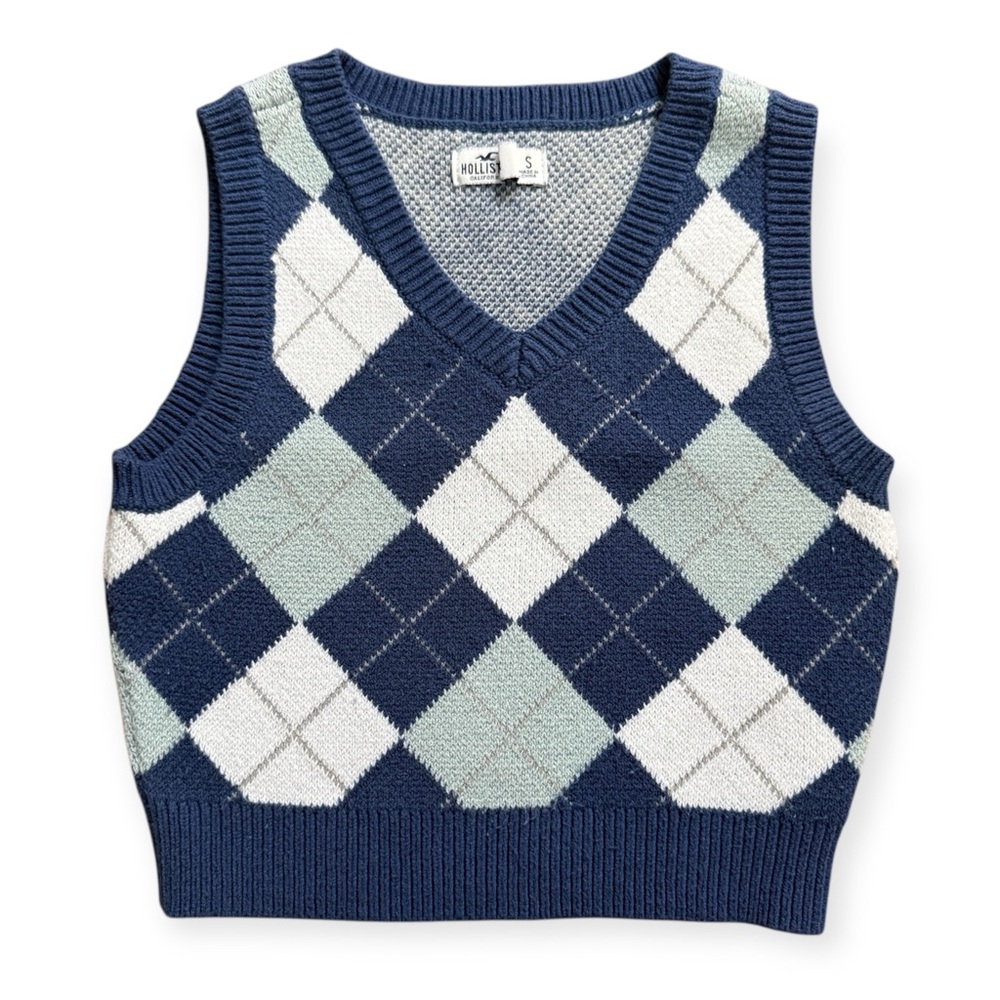 Hollister Sz S Blue Argyle Knit Cropped Sweater Vest